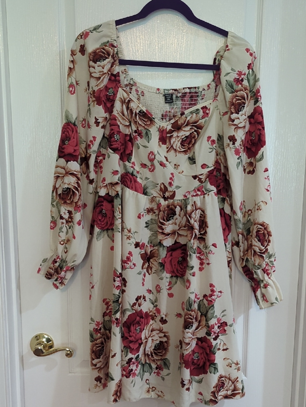 Floral Ivory and Rose Long-Sleeve Fit & Flare Dress